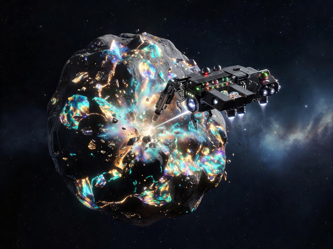 Futuristic Drone Mining a Glowing Asteroid