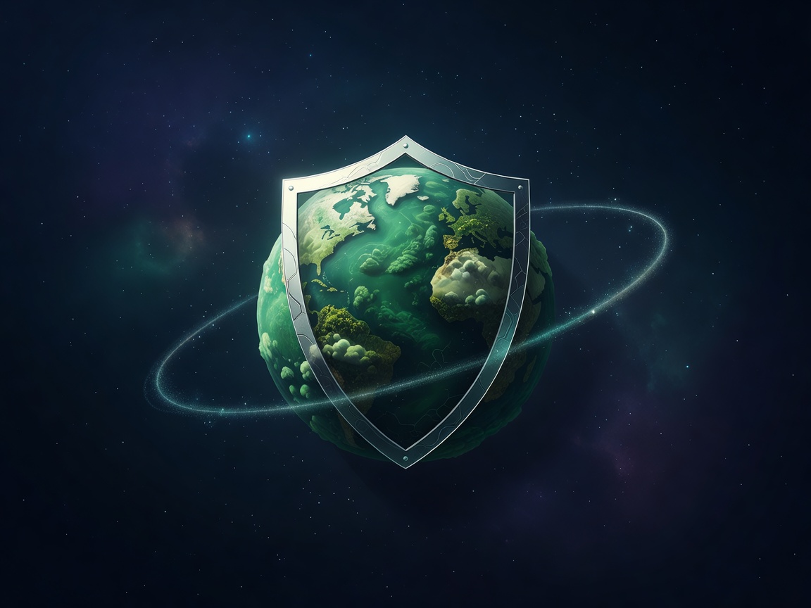 A Shield Icon Orbiting a Safe Green Planet